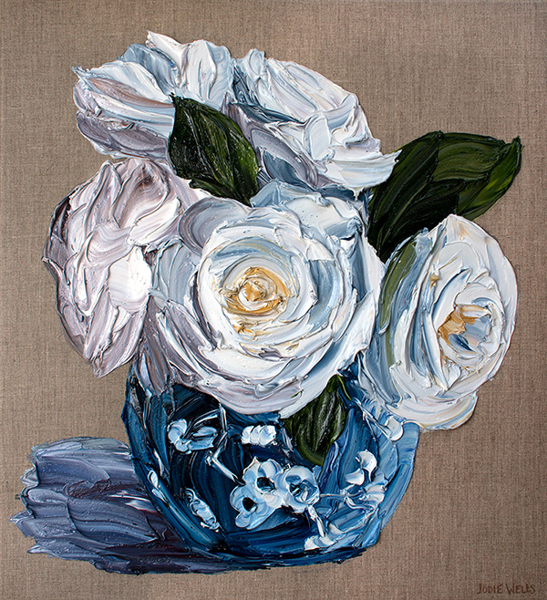 White Roses in Chinese Ginger Jar by Jodie Wells | Lethbridge Gallery